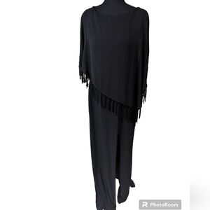 Xscape black formal dress size 10, has a sheet cape attached to neckline.